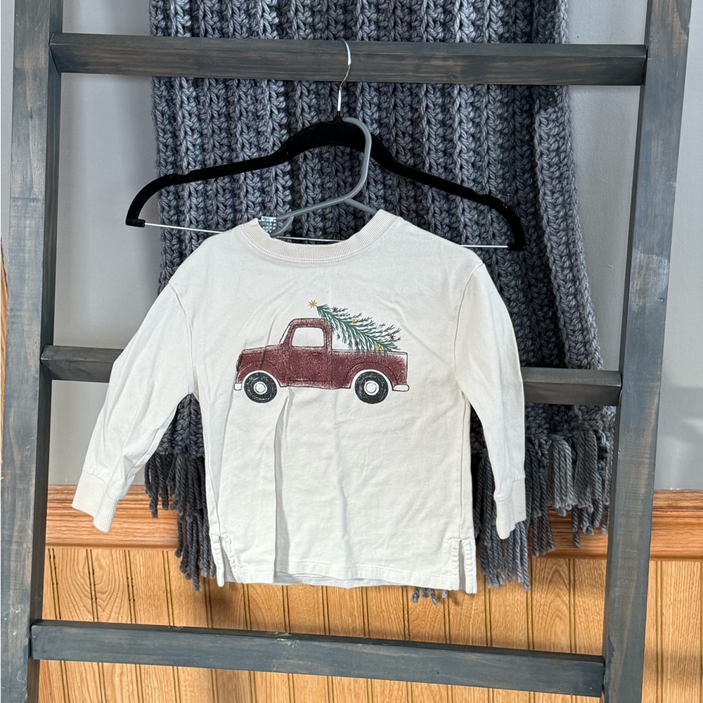 Cozy White Long Sleeve Tee with Red Truck Design
